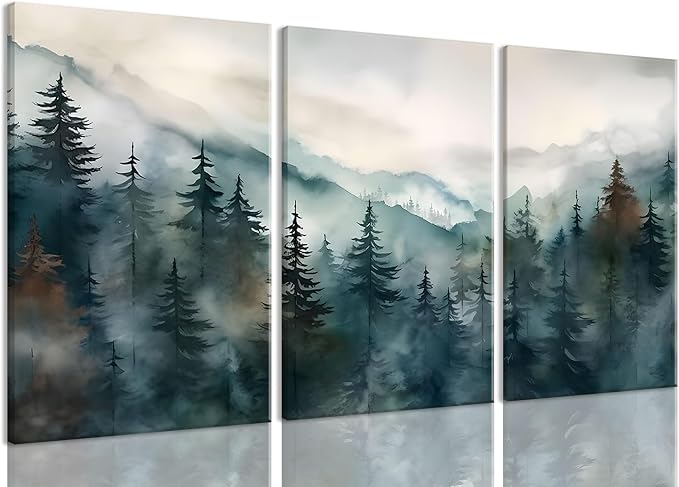 Bwodke Pine Forest Mountain Canvas Wall Art Set of 3, 12x16 inch | Boho Nature Wall Decor, Pine Forest Mountain Landscape Prints, Living Room Bedroom Office Art