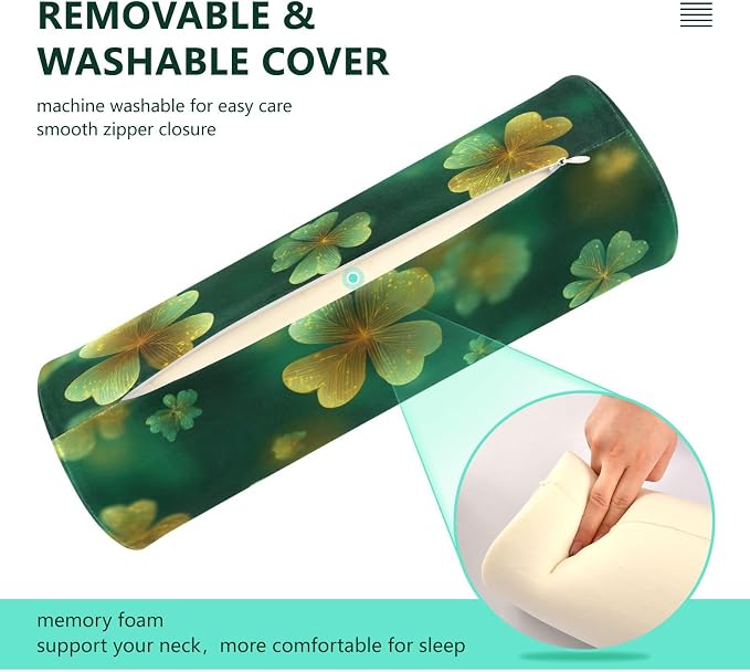 Green Sparkling Clover St Neck Roll Pillow Bolster Round Health Memory Foam Long Cervical Cylinder Pillows with Removable Washable Cover for Body Bed Legs Back Yoga