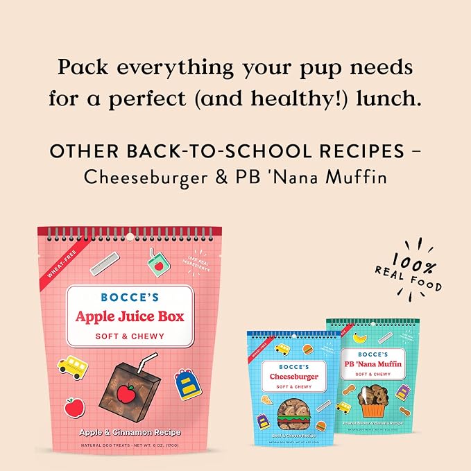 Bocce's Bakery Apple Juice Box Flavor Soft & Chewy Dog Treats, 6 oz | Oven Baked, Wheat-Free Everyday Dog Treat Cookies - Made with Real, Limited Ingredients and Baked in The USA