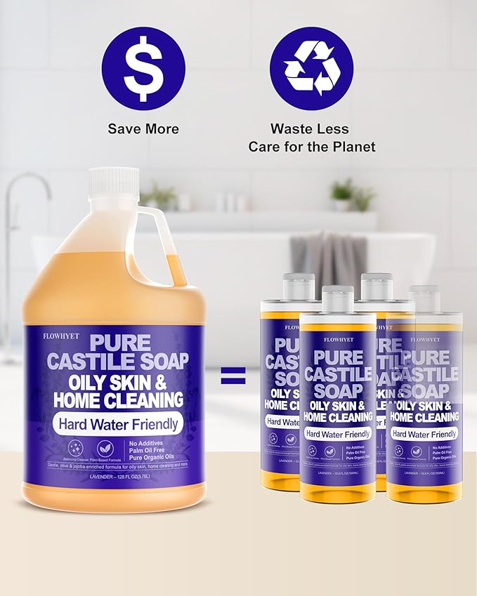 1 Gallon Pure Castile Soap Liquid Lavender Refill –EWG Verified Natural Organic Body Wash, Hard Water Friendly Bath Soap for Oily Skin,Body, Laundry & Home Cleaning 128 fl oz