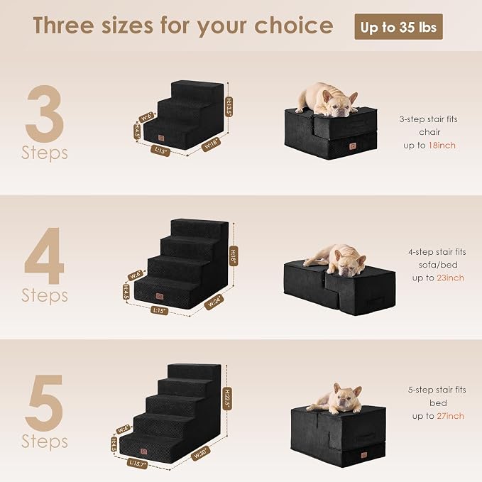 EHEYCIGA Dog Stairs for Bed 18" H, Dog 4-Steps for High Bed, Black | Pet Steps for Small Dogs and Cats, Non-Slip Balanced Pet Ramp Indoor
