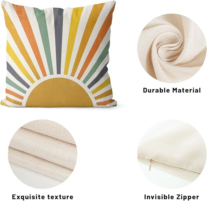 Boho Pillow Covers 20x20 Set of 2 Stripes Colorful Yellow Sunshine Decorative Pillow Cases Summer Rainbow Sun Outdoor Cushion Cover Cute Farmhouse Linen Decor Throw Pillows for Couch Sofa