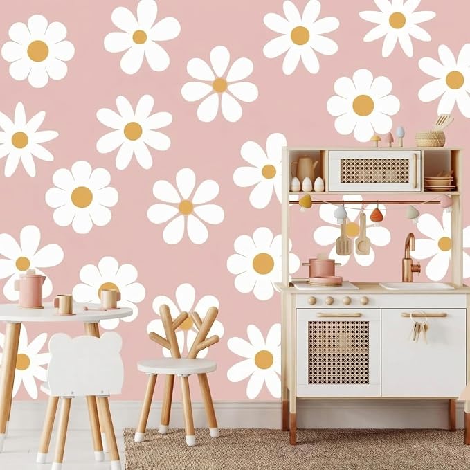 TaoBary 12 Sheet Daisy Wall Sticker Decal,White, Yellow,Novelty Style | Big Flower Wall Sticker, Pink White Floral Decal, Daisy Bedroom Room Decor, Removable Peel and Stick, Nursery Home Wall Decor