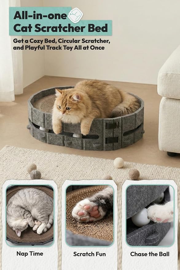 Cat Scratcher Bed, Oval Cardboard Cat Scratcher for Indoor Cats, High-Density Ergonomic Curved Cat Scratch Pad with Bell Ball Toy for Sleeping, Scratching & Mental Enrichment (Dark Gray, M)