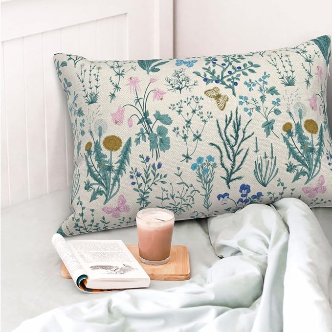AEIOAE Spring Pillow Covers 12x20 Inch Set of 2,Blue Teal Wild Flower Plant Throw Pillows Case,Seasonal Floral Outdoor Decorative Linen Farmhouse Decor Cushion Covers for Home Sofa Bed Couch