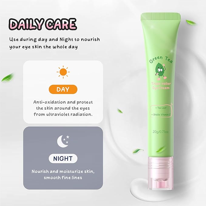 Green Tea Triple-roller Eye Cream, Multi-Effect Under Eye Cream for Smooth Wrinkle & Tighten Skin, Day & Night Moisturizing Eye Cream with Green Tea Extract, Reduce Wrinkles Fine Lines & Bags