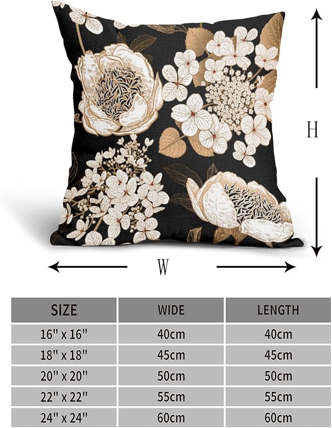 Vintage Flowers Pillow Covers 22X22 Inch Set of 2 White Floral Gold Leaves Botanical Decorative Pillow Cases Rustic Black Cotton Linen Cushion Case Farmhouse Home Decor for Sofa Couch Living Room