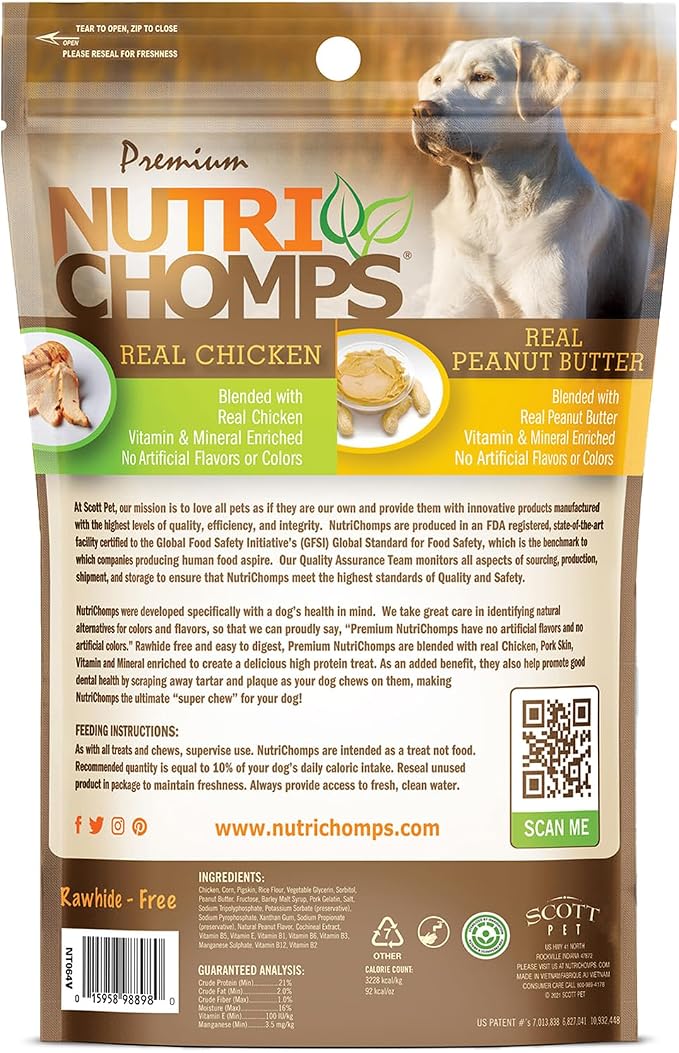 Nutri Chomps Rawhide Free Dog Chews, Peanut Butter, 5in Twists, 10ct, 2pk | Long-lasting chew. High protein, low fat, healthy & delicious treat for dogs.