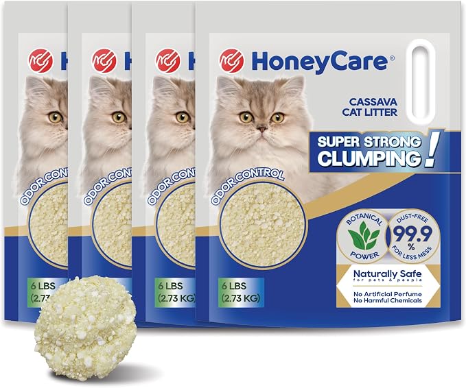HoneyCare Cassava Cat Litter | Natural Plant-Based Litter | Quick Clumping & Low Dust | Superior Odor Control | 24-lbs Value Pack (6 lbs x 4)