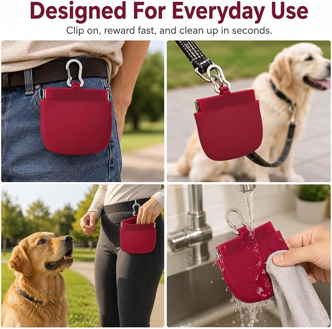 Silicone Dog Treat Pouch for Pet Training One-Hand Access One Cup Silicone Treat Bag with Pull Tab and Auto Closing Lid Treat Pouches for Leash(Color: Red)