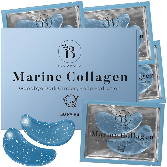 BLOOMORA Marine Collagen Under Eye Patches (30 PAIRS), For Puffy Eyes and Dark Circles, Under Eye Mask with Hyaluronic Acid & Collagen, Deeply Hydrating Formula, Patch Yeux