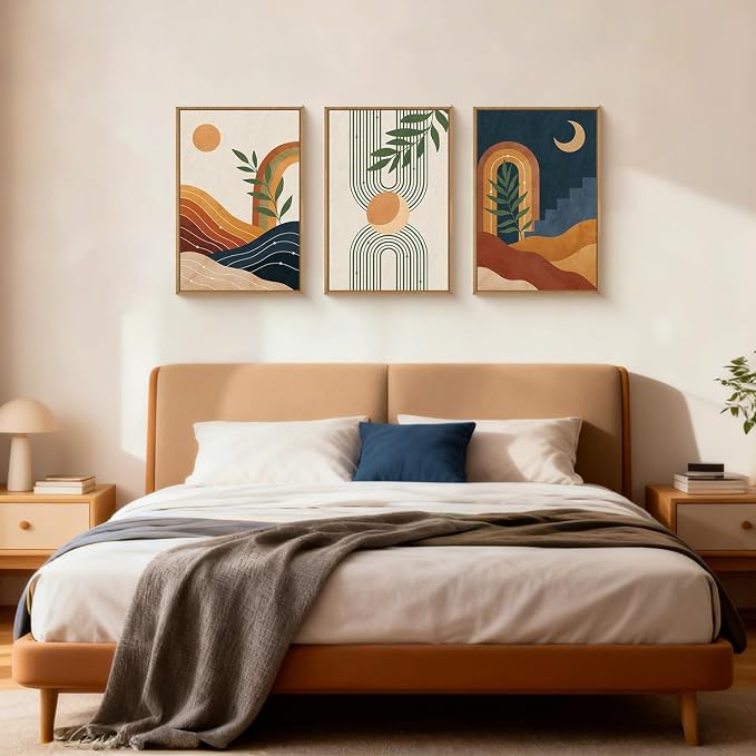 FWIEXA Mid Century Modern Wall Art Set of 3, Vintage Boho Framed Canvas Wall Decor, Minimalist Geometric Sun Moon Line Wall Prints, Abstract Green Leaf Painting, 24x36In Modern Navy Blue Artwork for Living Room,Bedroom