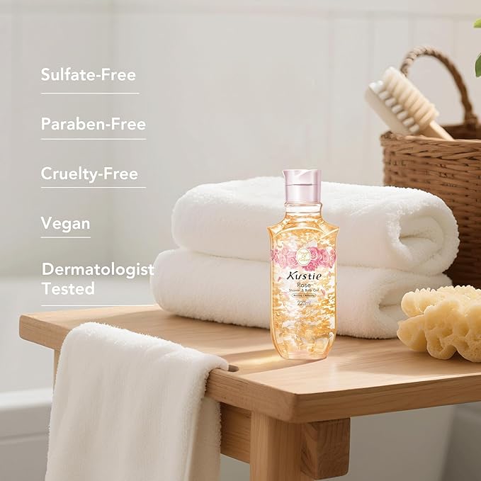 Kustie Rose Petal Body Wash - Real Petals, Rose Water & Essential Oil for Deep Nourishing, Dewy & Silky-Smooth Skin with Hyaluronic Acid, Free From Paraben, Sulfate & Phthalate, 7.4 Fl Oz