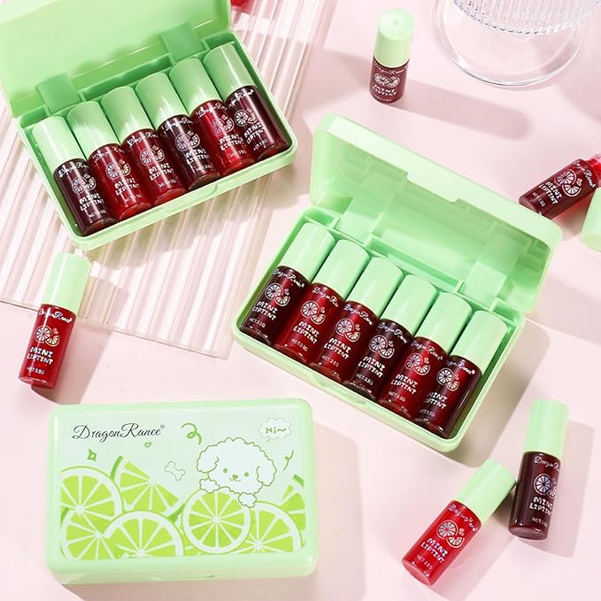 6 Colors lemon Lip Tint Stain Set, Korean Velvet Lip Stain Lip Gloss Lip Tint Stain, Liquid Lipstick for Women, Lip Stain Long Lasting Waterproof, St. Patrick’s Day Gift, High Pigment, Vivid Color