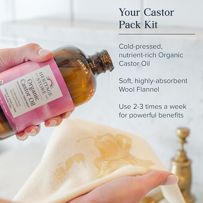 HERITAGE STORE Organic Castor Oil Pack Wrap Kit - Soothing Castor Oil Packs, Heat Compress for Abdomen, Joints, Overall Health, 32oz Cold Pressed Organic Castor Oil, Two 12 x 27in. Wool Flannel Cloths