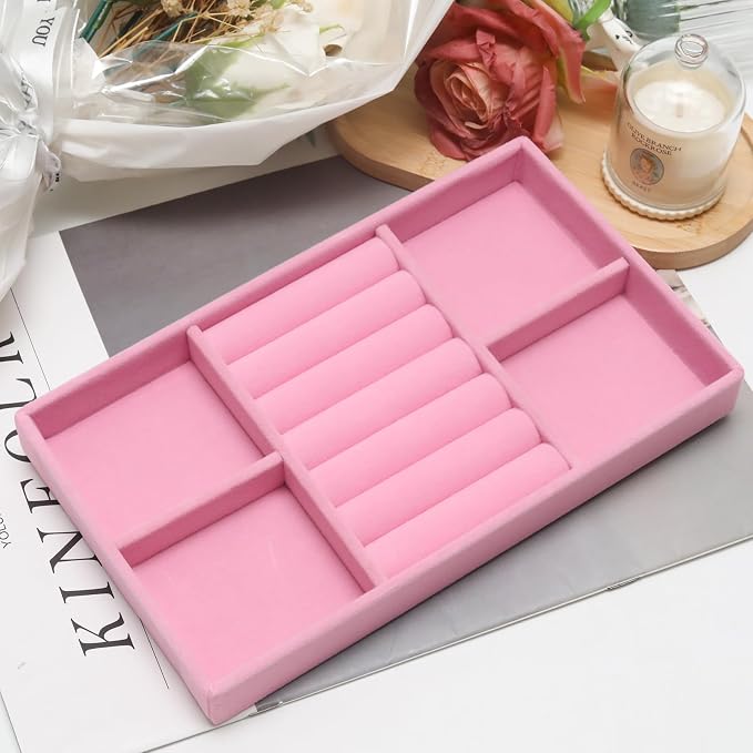 Velvet Jewelry Trays for Drawers, Pink 2-in-1 | Stackable Jewelry Drawer Organizer, Ring Earring Necklace Bracelet Holder Organizer Display Tray with Removable Dividers