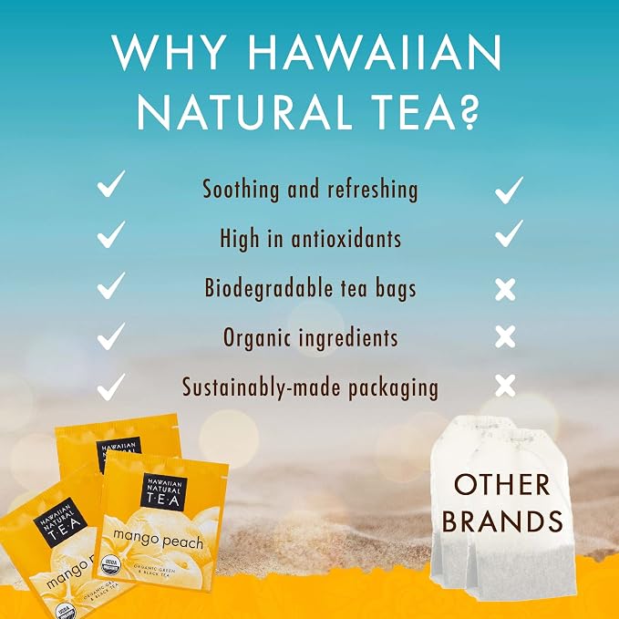 Hawaiian Natural Tea Mango Peach Flavored Organic Tea - Tropical Fruit Green and Black Tea Blend - Perfect Daily Cup & Gift for Special Occasions - 60 Tea Bags
