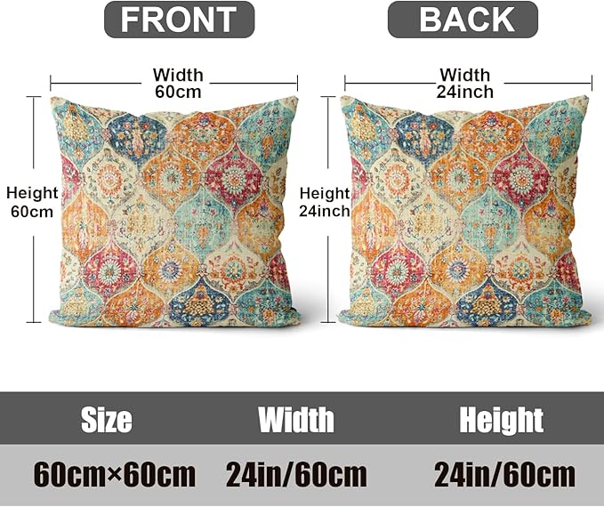 Boho Throw Pillow Covers 24x24 inch Set of 2,Soft Pillowcases Bohemia Carpet Printing Pattern Decorative Sofa Living Room Bed Square Pillow Case Cushion Cover-Cream Color