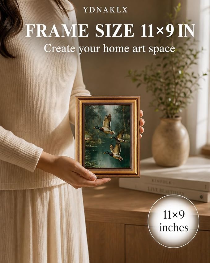 Gold Framed Wall Art, Vintage Mallard Duck Canvas Prints, Flying Ducks Rustic Cabin Lake Picture Wall Decor, Farmhouse Wildlife Nature Artwork for Living Room Hunting Lodge, Man Cave 9x11 inch
