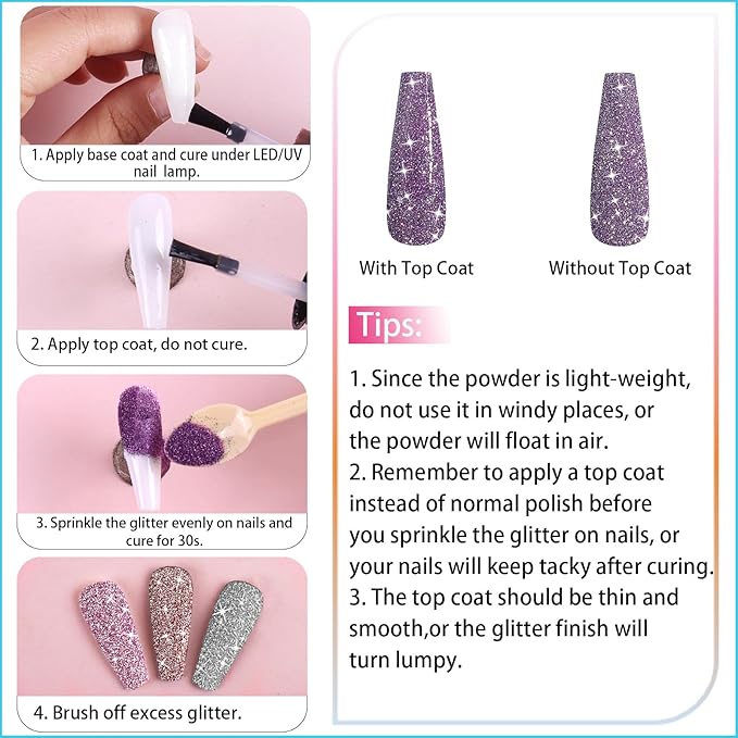 Laza 8 Colors Korea Diamond Nail Powder Sparkling Crystal Glitter Holographic Nail Glitter Dust Laser Silver Mirror Effect Bright Shining Flakes for Acrylic Nails Polish Nail Art DIY Decoration