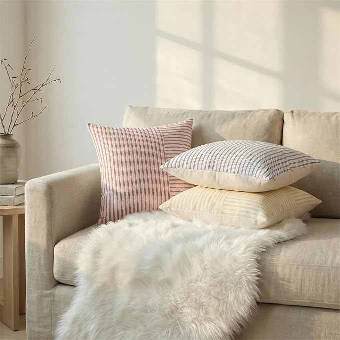 YCOLL Christmas Pillow Covers 22x22, Modern Accent Lumbar Throw Pillow Covers Set of 2, Red and Beige Striped Patchwork Linen Decorative Pillows Cushion Covers Christmas Decorations