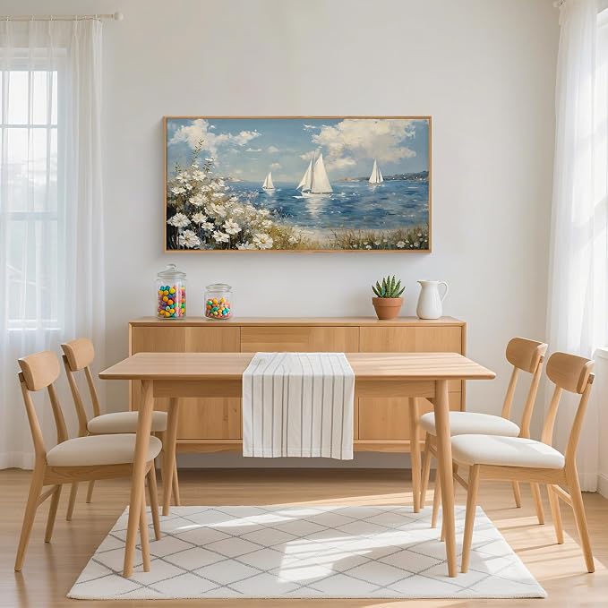 FWIEXA Coastal Wildflower Canvas Wall Art Framed, Ocean Sailboats Pictures Wall Decor, Beach Flower Seascape Painting, Blue Sky 20x40In Artwork for Living Room, Bedroom, Bathroom, Rustic Farmhouse