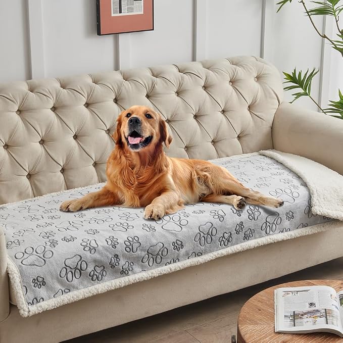 Pet Blankets for Couches, Waterproof Dog Blankets for Large Dogs, Sherpa Fleece Puppy Blanket, Soft Plush Reversible Dog Blanket, Couch Cover for Dogs Washable, 30"X70", Grey Paw Print