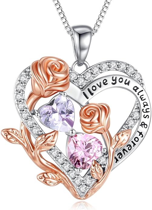 I Love You Birthstone Necklace, 925 Sterling Silver Heart Pendant with CZ Diamond Stones, Birthday Gifts for Women, Romantic Gift for Wife, Girlfriend, Her, Anniversary, Valentine's Day, Christmas