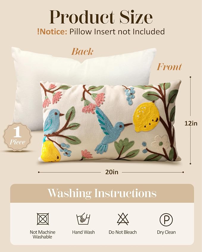 Embroidered Lumbar Pillow Cover 20x12 Inch, Bird Lemon | Decorative Throw Pillow Cover, Farmhouse Cushion Case with Hidden Zipper, Cottagecore Decor for Couch, Sofa, Living Room