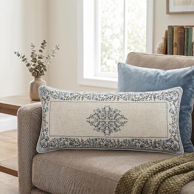 Designer Vintage Linen Throw Pillow Cover,28"x12"-Segerman A | Elegant Chinoiserie Rectangle Pillow Cover,Concealed Zipper Design,Floral Pattern,Sofas,Bedroom,Living Room,Lounge Chairs