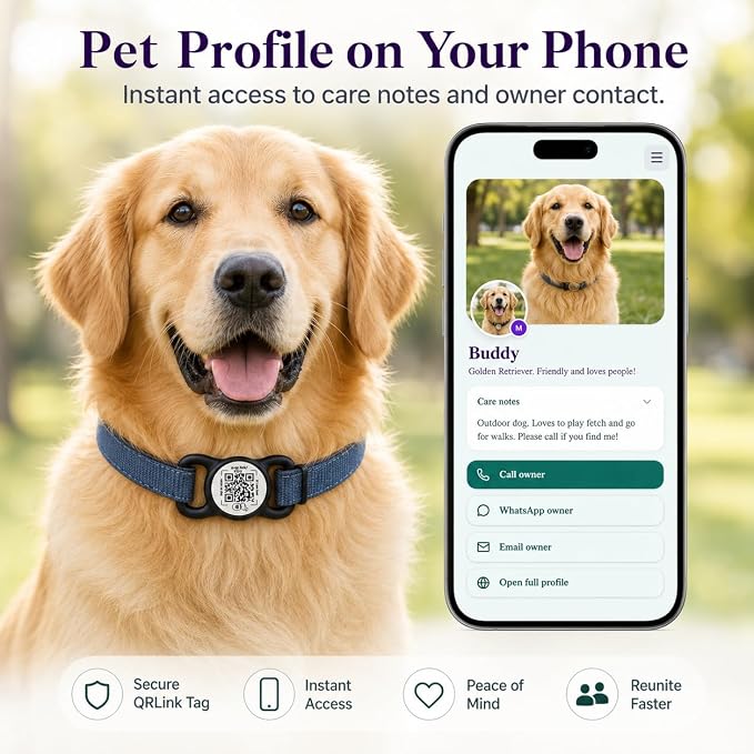 Smart Pet ID Tag for Dog Collar with NFC & QR Code | Silent Silicone Holder, Waterproof & Easy Clean, No App or Subscription, Secure Horizontal Fit, Online Pet Profile