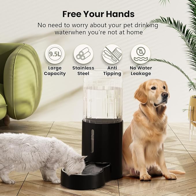 CZPET Dog Water Dispenser, Widen Mouth Gravity Refilling (9.5L, Black) | Upgraded Brush, Easy to Clean Automatic Dog Waterer with Removable Stainless Steel Bowl, Large Drinking Area for Multi-Pet