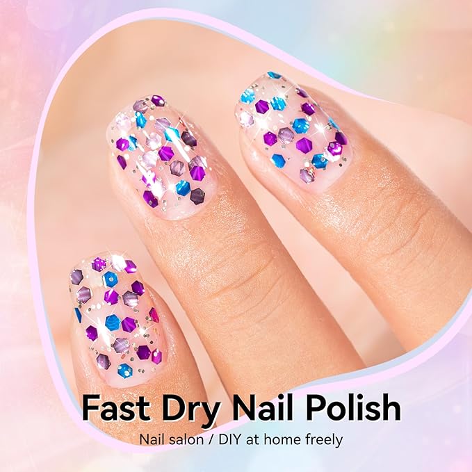 Confetti Nail Polish, Purple Blue Rose Gold Glitter Sparkle Nail Polishes with Hexagon Glitter, Rich in Castor Oil, Air Dry No Need U/V Lamp, Iridescent Geometric Nails Art Home DIY Gift