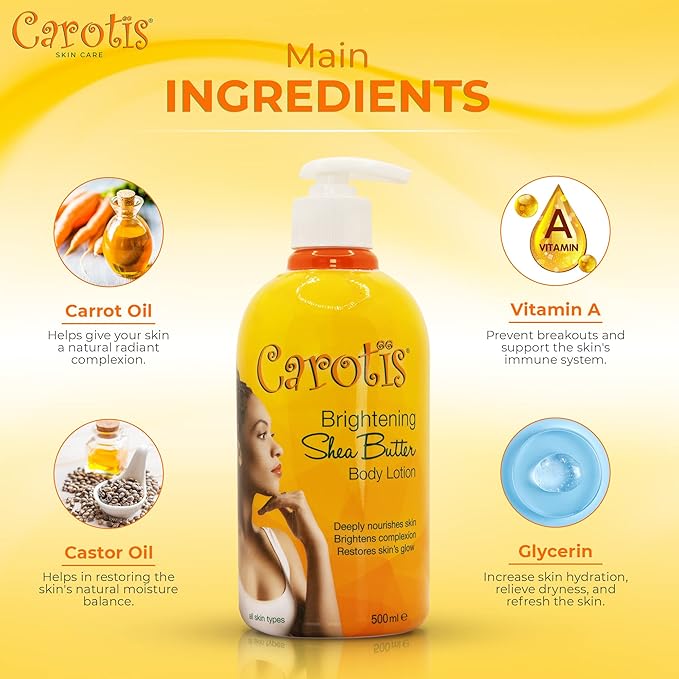 CAROTÏS, Skin Brightening Body Lotion – 17.6 fl oz / 500ml – Helps to Remove Dark Spots, with Shea Butter, Arbutin Complex and Vitamin A