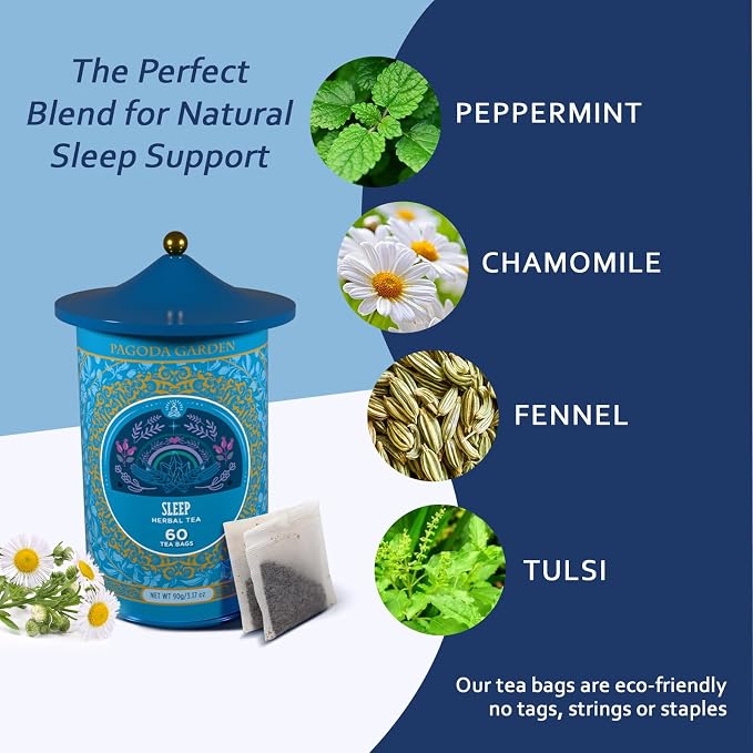 Life Plus Style Gourmet Pagoda Garden Sleep Herbal Tea Caffeine Free Peppermint Tea Chamomile Fennel Tulsi Hot or Iced Floral Blend Natural Delicious moonbrew 60 Tea Bags