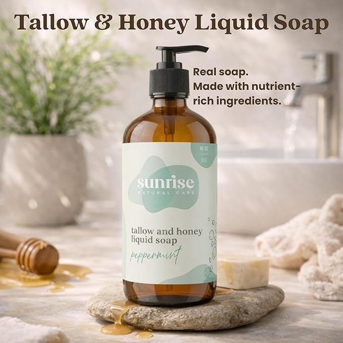 Tallow & Honey Liquid Soap – Peppermint – Natural Face, Body & Hand Wash – Grass-Fed Beef Tallow Cleanser – Gentle Moisturizing Soap – 16 oz