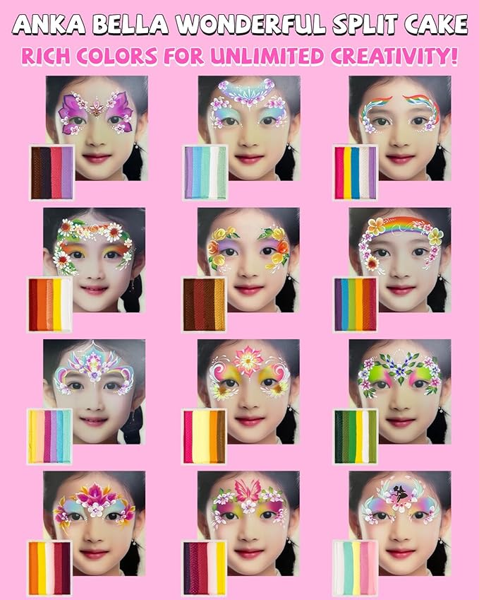 Anka Bella Professional Face Painting Kit for Kids Adults,Water Activated Split Cake Face Paint(12x10gm),Non-Toxic Face Paint Palette for Birthday Parties/Halloween/Carnival