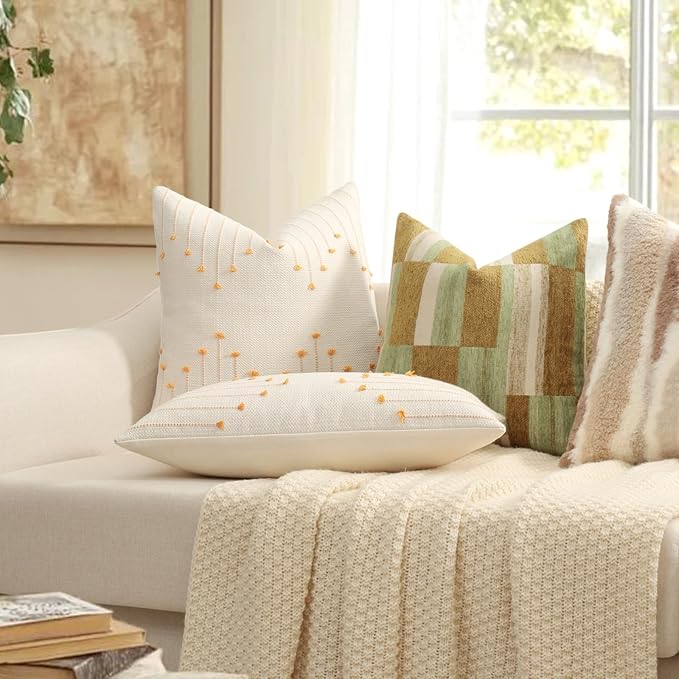Boho Outdoor Throw Pillow Covers 20x20 Set of 2 Neutral Woven Decorative Pillowcases Cotton Tufted Couch Pillows Farmhouse Cushion Covers for Sofa Couch Bed Living Room Home Decor, Golden Yellow