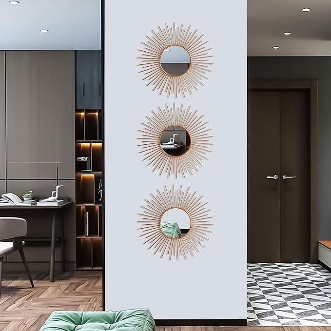 3 Pack Metal Mirrors for Wall Sunburst Wall Mirrors Home Décor Decorative Hanging Wall Art for Living Room Bedroom Entryway (Rose Gold2, Sunburst)