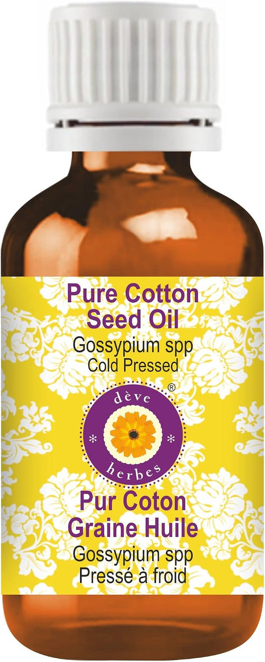 Deve Herbes Cotton Seed Oil (Gossypium spp) | Cold Pressed | Pure | Natural | Undiluted | For Diluting Essential oils | For Skin & Massage | Non-Sticky | Lightweight | Men & Women | 100ml (3.38 oz)
