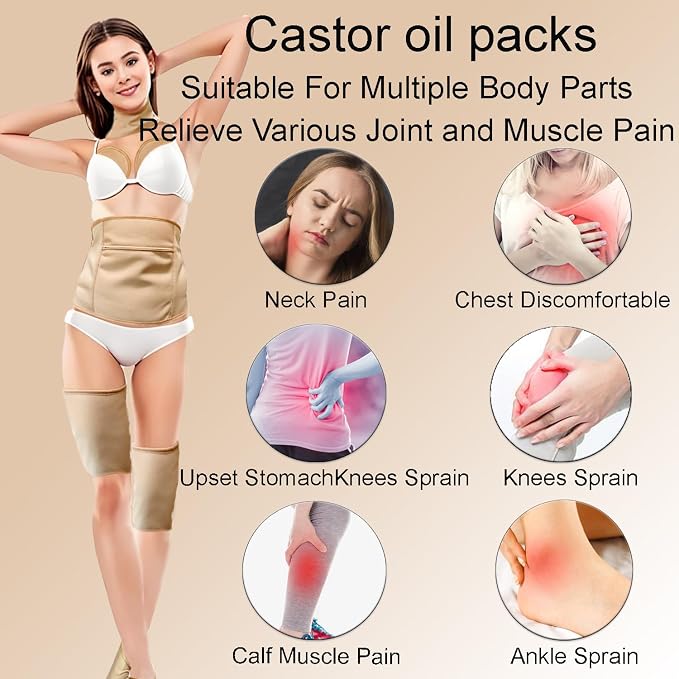 Organic Cotton Castor Oil Pack Wrap,9 Pcs Reusable Pack Kit for Neck Chest Waist Back Knee and Feet,Hot or Cold Compress Castor Oil Pads Kit with Adjustable Elastic Strap