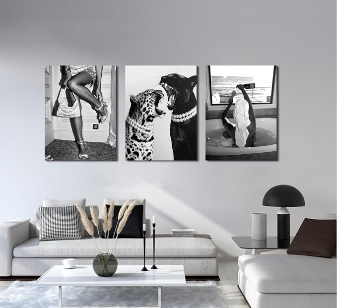 Bathroom Fashion Leopard Print Black and White Canvas Wall Art Trendy Women Posters Paintings Luxury Feminist Pictures Wall Decor for Bedroom Living Room Hallway Home Decoration 16x24 In Framed