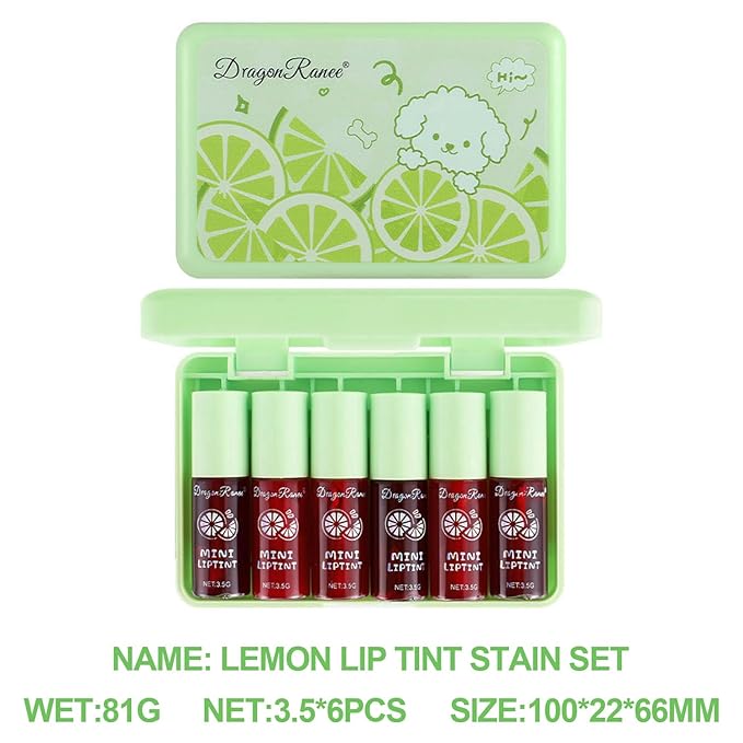 6 Colors lemon Lip Tint Stain Set, Korean Velvet Lip Stain Lip Gloss Lip Tint Stain, Liquid Lipstick for Women, Lip Stain Long Lasting Waterproof, St. Patrick’s Day Gift, High Pigment, Vivid Color