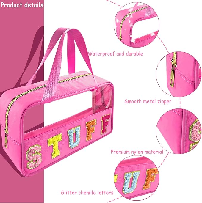 Bunliuys Chenille Letter Clear Makeup Bag Stuff Patch, Travel Toiletry Makeup Bag with Handle, Nylon Waterproof Makeup Bags clear cosmetic bag, preppy patch makeup bag for Women (STUFF-Hot Pink)