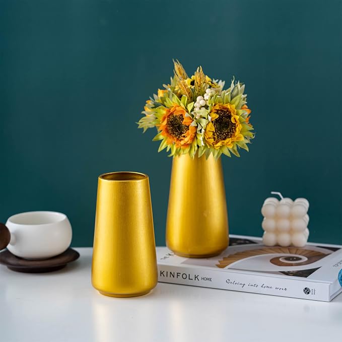 Simple Boho Ceramic Flower Vase for Home Decor (Gold,Small) | 6'' Modern Vase for Flower Plant Pampas Grass, Fit for Table Shelf Centerpieces, Living Room Kitchen Bedroom Wedding Gift
