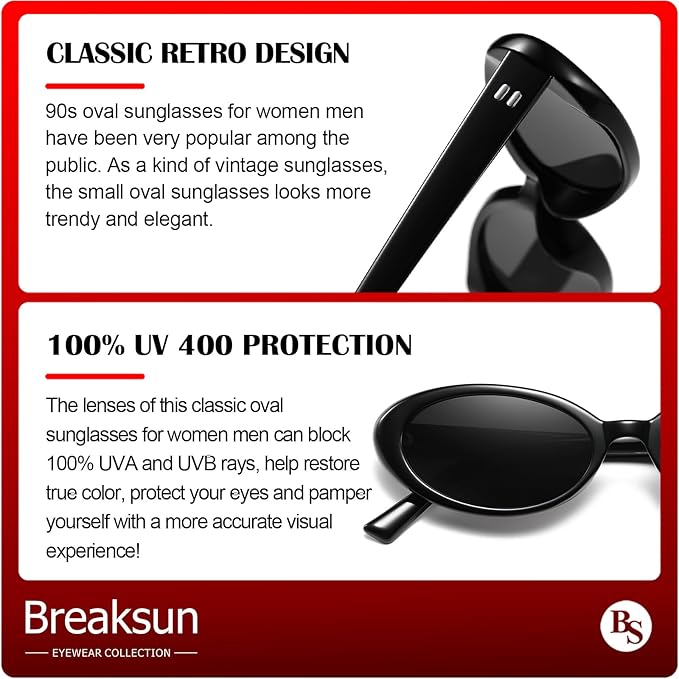 Breaksun Retro Oval Sunglasses for Women Men Fashion Small Oval Sunglasses 90s Vintage Shades