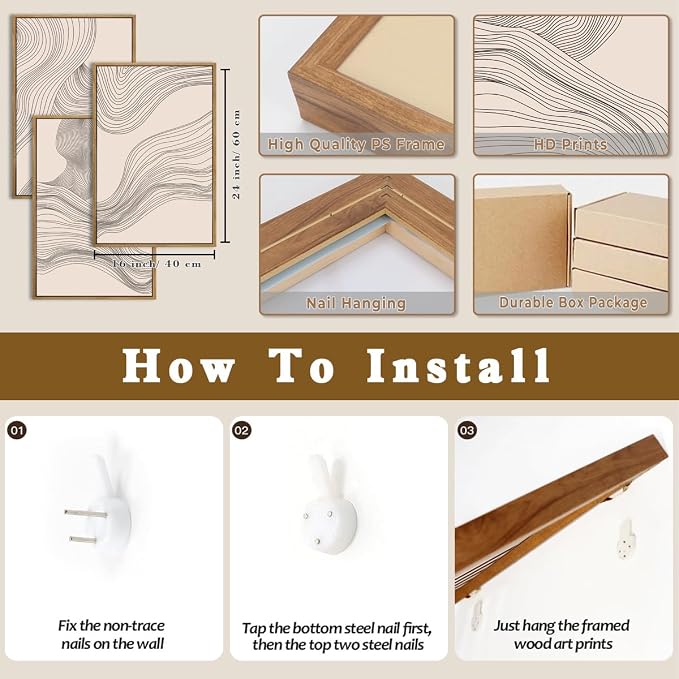 Beige Abstract Wall Art Framed Neutral Modern Canvas Wall Decor Minimalist Line Wave Painting16x24 Inch Pictures Set of 3 for Living Room Bedroom Dining Room
