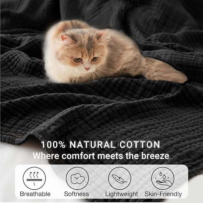 100% Cotton Muslin Blanket Twin 66" x 90", 6 Layers Breathable and Lightweight Cotton Blankets for Couch, Soft Cooling Summer Gauze Blanket for Adults All Season, Black