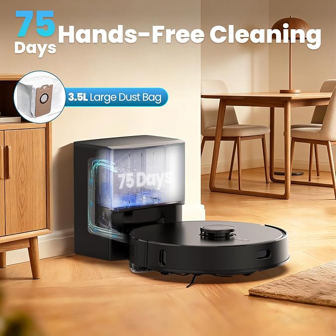 E10+ Robot Vacuum & Mop Combo Self Emptying with 8,000Pa, Robotic Vacuums Cleaner for Pet Hair, LiDAR Navigation, 75-Day Capacity, Carpet Detection, Anti-Tangle, 150-Min Runtime, for Floors, Carpet
