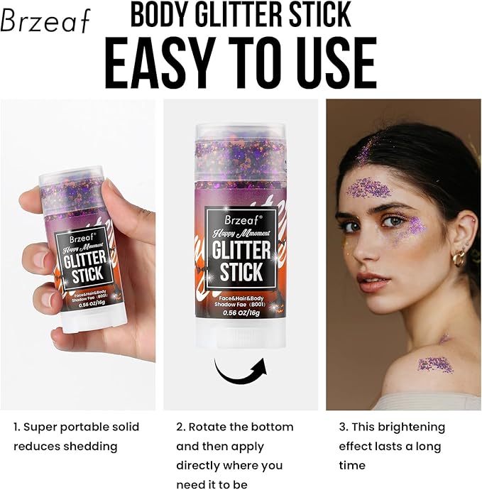 Brzeaf Christmas Face and Body Glitter Stick, Shimmery& Long Lasting, Hair Eyeshadow Face Body Glitter, Singer Concert Music Rave Festival, Glitter Stick Makeup & Face Glitter Gel